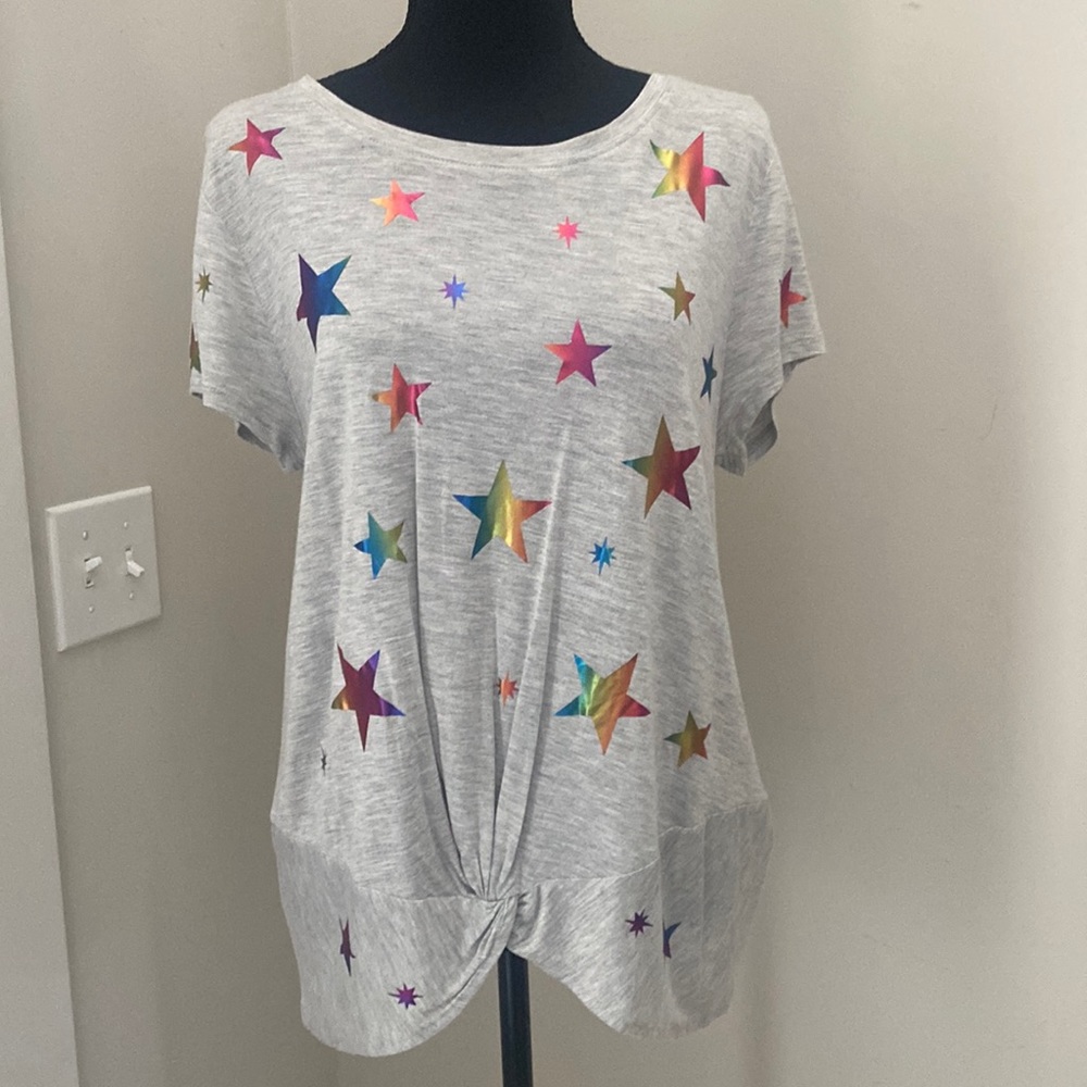 INC Womens Gray Rainbow Metallic Foil Star Twist Knot Front Short Sleeve Top M